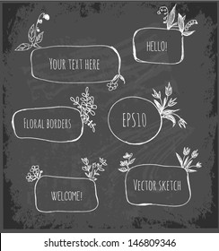 Hand-Drawn Sketchy Borders with Flowers and Plants on black chalkboard. Doodles Vector Illustration 