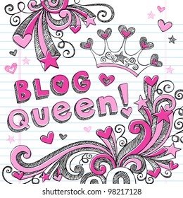 Hand-Drawn Sketchy Doodle Blog Queen Back to School Notebook Doodles Vector Illustration Design Elements Set