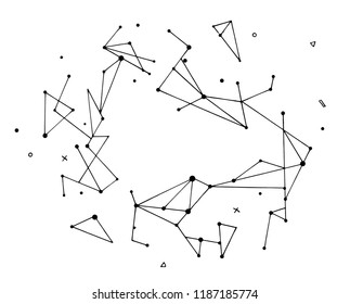 Hand-Drawn Sketchy Doodle Design Elements with constellations, circuits, neural network concept. Modern Black and white Abstract outline vector Illustration Background