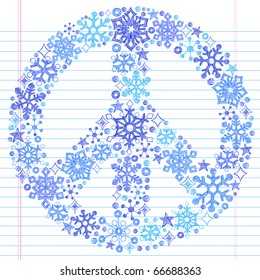 Hand-Drawn Sketchy Doodle Snowflake Peace Sign- Notebook Doodles Vector Illustration Design Elements on Lined Sketchbook Paper Background