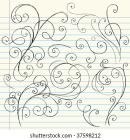 Hand-Drawn Sketchy Doodle Swirls Design Elements on Lined Notebook Paper Background Vector Illustration