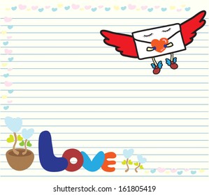 Hand-Drawn Sketchy Doodles with love,  flowerpot , love letter and flame of hearts on notebook paper background.