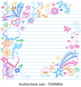 Hand-Drawn Sketchy Doodles with Stars, Hearts, and Flowers- Design Elements on Lined Notebook Paper Background- Vector Illustration