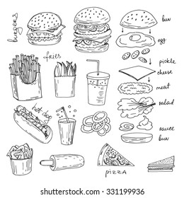 Hand-drawn sketchy fast food illustrations. Vector american food art.