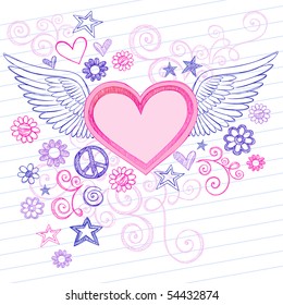 Hand-Drawn Sketchy Heart with Angel Wings Doodles with Stars, Flowers, and Peace Sign on Lined Notebook Paper Background- Vector Illustration