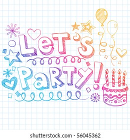 Hand-Drawn Sketchy Let's Party 3D Lettering and Birthday Doodles Design Elements- Sketchy Notebook Doodles on Grid (Graph) Paper Background- Vector Illustration