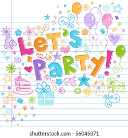 Hand-Drawn Sketchy Let's Party Birthday Celebration Sketchy Notebook Doodles On Lined Sketchbook Paper Background- Vector Illustration