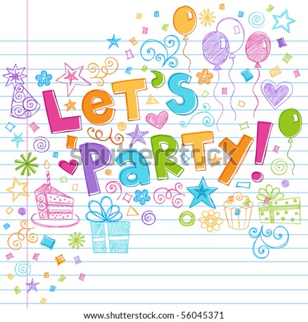 Hand-Drawn Sketchy Let's Party Birthday Celebration Sketchy Notebook Doodles on Lined Sketchbook Paper Background- Vector Illustration