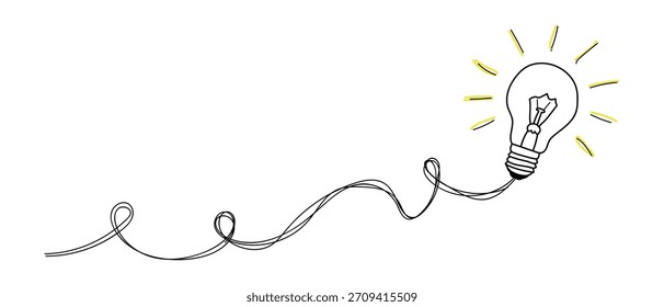 A hand-drawn, sketchy light bulb with radiating lines symbolizing a bright idea, connected by a winding wire.