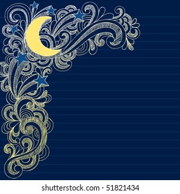 Hand-Drawn Sketchy Moon, Stars, and Swirls Notebook Doodles- Vector Illustration on Lined Sketchbook Paper Background