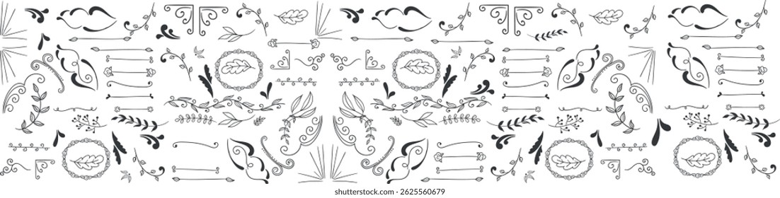 Hand-drawn sketchy natural decoration vector set featuring organic leaves, floral elements, branches, and doodle-style botanical designs for nature-themed creative projects