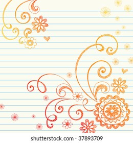 Hand-Drawn Sketchy Notebook Doodle Flowers on Lined Paper Vector Illustration