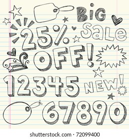 Hand-Drawn Sketchy Notebook Doodles 25% Percent Discount Sale & Shopping Vector Tags- Illustration Design Elements on Lined Sketchbook Paper Background