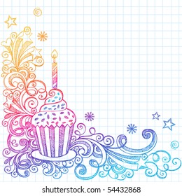 Hand-Drawn Sketchy Ornate Cupcake Doodle Page Border- Notebook Doodles on Grid (Graph) Paper Background- Vector Illustration