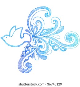 Hand-Drawn Sketchy Peace Dove Doodle and Swirls Vector