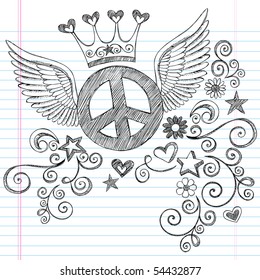 Hand-Drawn Sketchy Peace Sign Doodle with Angel Wings and Princess Crown on Lined Notebook Paper Background- Vector Illustration