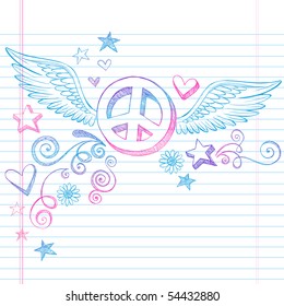 Hand-Drawn Sketchy Peace Sign Doodle With Angel Wings And 3D Stars On Lined Notebook Paper Background- Vector Illustration