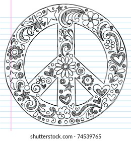 Hand-Drawn Sketchy Peace Sign Doodle with Flowers, Hearts, and Stars on Lined Notebook Paper Background- Vector Illustration