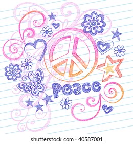 Hand-Drawn Sketchy Peace Sign Doodles with Butterfly, Hearts, Stars, and Lettering on Lined Notebook Paper Vector Illustration