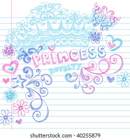 Hand-Drawn Sketchy Princess Notebook Doodles and Lettering on Lined Notebook Paper Vector Illustration