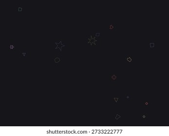 Hand-drawn sketchy shapes floating on a dark textured background, minimalist design with subtle color accents and scattered geometric forms