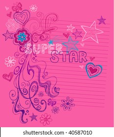 Hand-Drawn Sketchy Super Star Doodles Vector Illustration with Stars, Hearts, and Swirls on Lined Notebook Paper Background