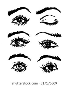 Handdrawn sketchy vector eyes and brows set black and white