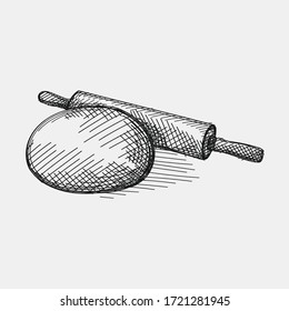 Hand-drawn sketh of rolling pin and dough on a white background. Wheat and Flour ingredient. Wheat and Flour production and making.
