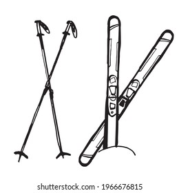 Hand-drawn ski graphics black and white vector illustration. Winter sports.