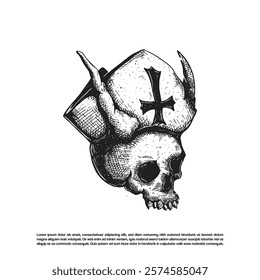 hand-drawn skull adorned with a mitre hat, featuring a prominent cross on the front. Antichrist devil vector