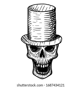 Hand-drawn skull of a dead man in a top hat, on a white background. Vector illustration