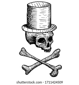 Hand-drawn skull of a dead man in a top hat, with crossbones, on a white background. Vector illustration