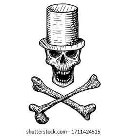 Hand-drawn skull of a dead man in a top hat, with crossbones, on a white background. Vector illustration