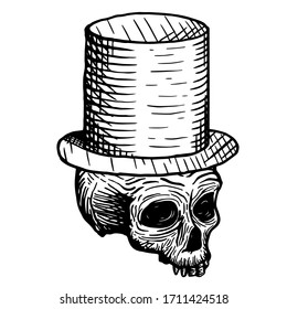 Hand-drawn skull of a dead man in a top hat, on a white background. Vector illustration