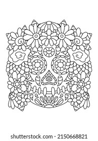 Hand-drawn skull with flower wreath coloring page for adults vector illustration