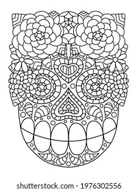 Hand-drawn skull with flower wreath ornamental linear stock vector illustration. Happy Dia de Muertos coloring page for adults vertical printable page. Day of the Dead symmetry skull and flowers