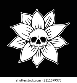 hand-drawn skull with flowers black and white illustration premium vector