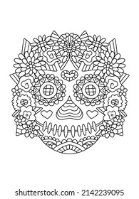 Hand-drawn skull with flowers linear vector illustration