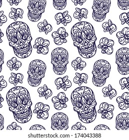 Hand-drawn skull seamless pattern - vector illustration.