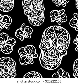 Hand-drawn skull seamless pattern - vector illustration.