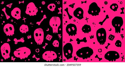 Hand-drawn skulls and bones seamless vector background. Halloween