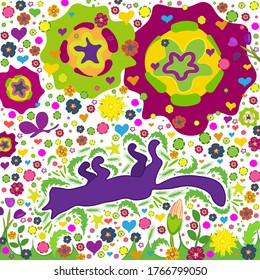 hand-drawn sleeping cat in flowers element design