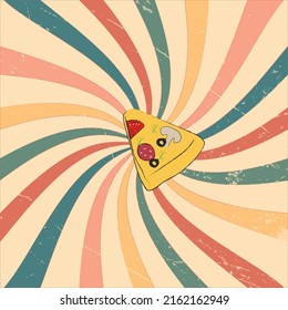 a hand-drawn slice of pizza on a multicolored vintage background. 2d vector illustration