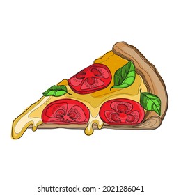 Rebanada de pizza a mano con fondo blanco. Ilustración vectorial.