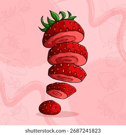 Morango fatiado desenhado à mão flutuando em camadas, ilustração detalhada de frutos vermelhos com sementes e folhas verdes sobre fundo rosa macio, design de comida criativa