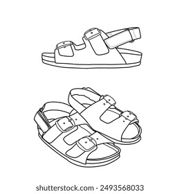 Hand-drawn slingback flat sandal with buckles. sandals shoes and footwear line. Outline vector doodle illustration. Front and side view isolated on a white background 