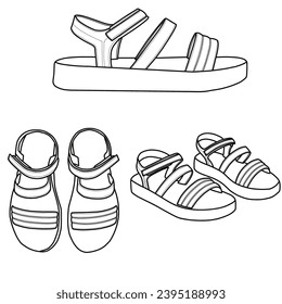Hand-drawn slingback sandals shoes and footwear line,  front, side, and top view isolated on a white background
