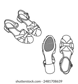 Hand-drawn slingback sandals shoes and footwear line,  top, side, and bottom view isolated on a white background