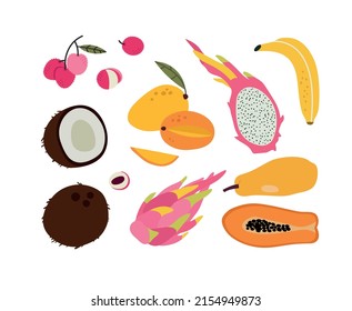 Hand-drawn Small Set Of Tropical Fruits. Mango, Lychee, Coconut, Papaya, Bananas, Dragon Fruit. Collection Of Healthy Food, Asian Fruits. Colored Flat Vector Illustration. 