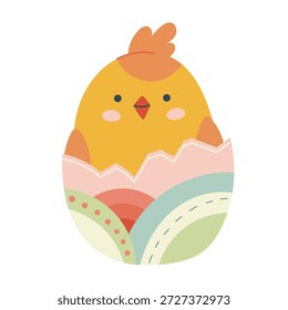 Pequeño polluelo amarillo dibujado a mano en huevo de Pascua en estilo escandinavo. Lindo personaje de primavera con detalles populares. Ilustración vectorial festiva para tarjetas de Pascua, invitaciones, diseño infantil y decoración de temporada